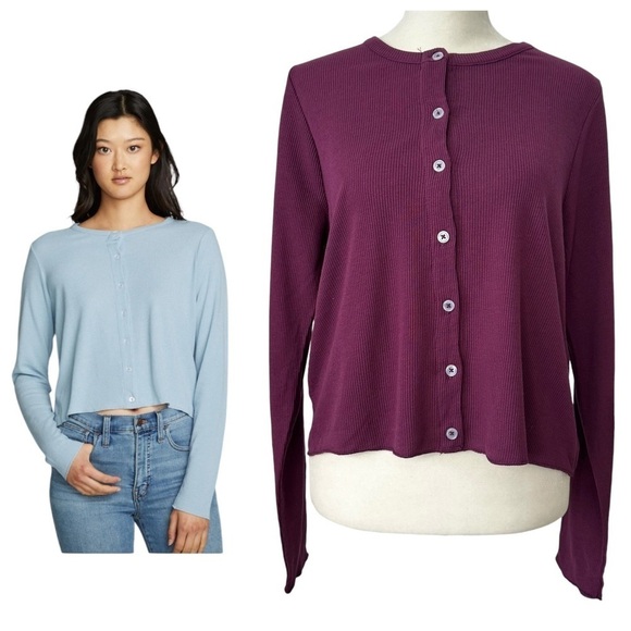 NEW CHASER Long Sleeve Button Down Semi Cropped Tee Cardigan Brandy Size Small - Picture 1 of 9